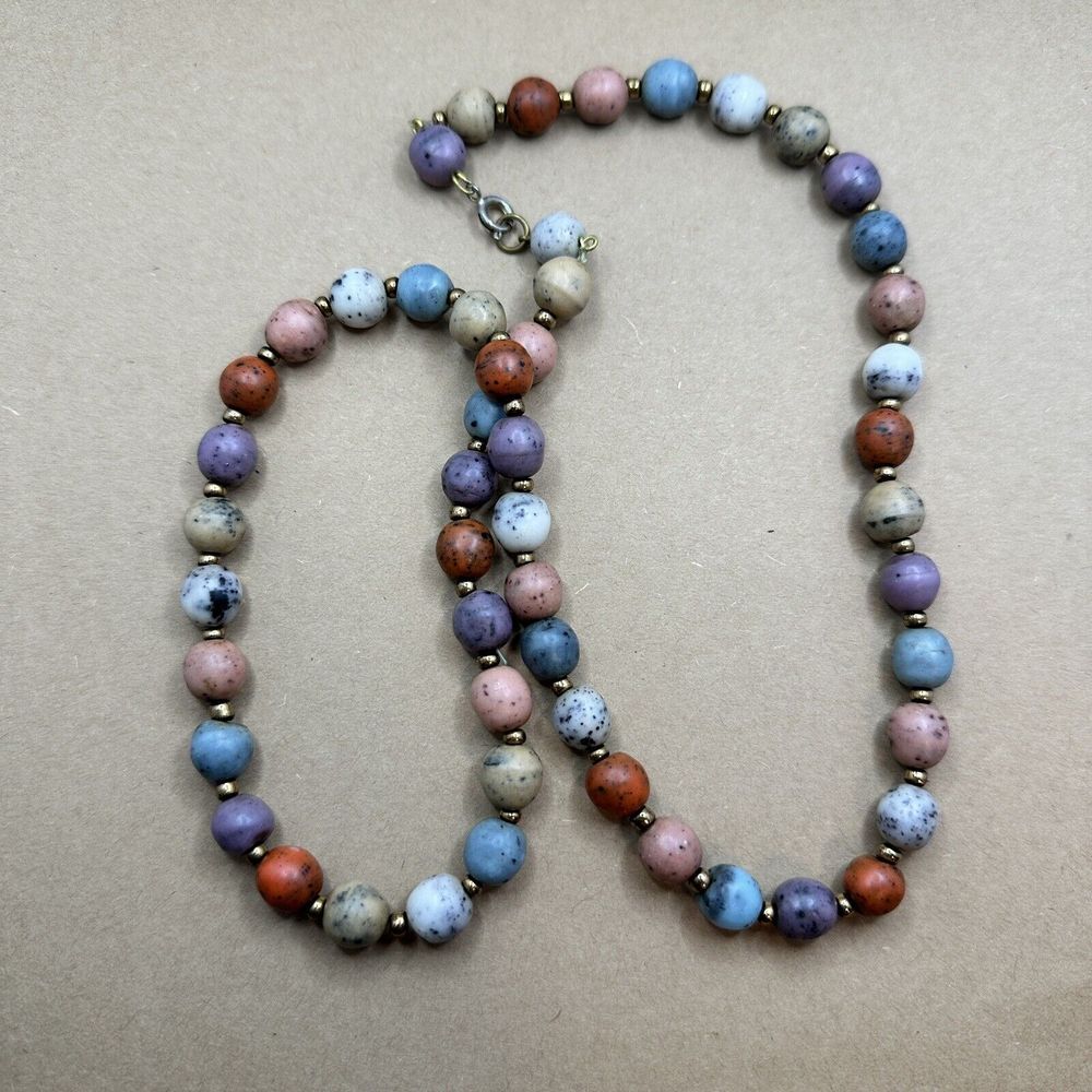 HAND STRUNG 2-NECKLACES 14" & 9" drop COLORFUL STONE BEADS   gold beads between